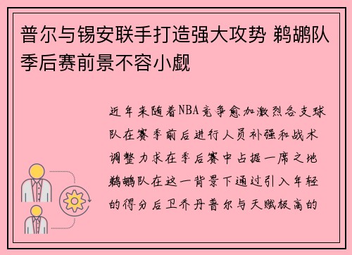 普尔与锡安联手打造强大攻势 鹈鹕队季后赛前景不容小觑